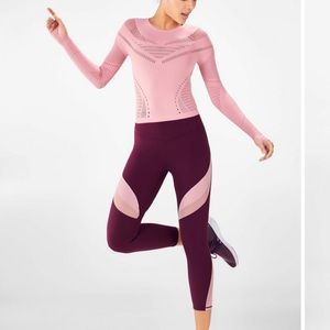 Fabletics Pink Long-Sleeve Top with Burgundy and Light Pink Leggings
